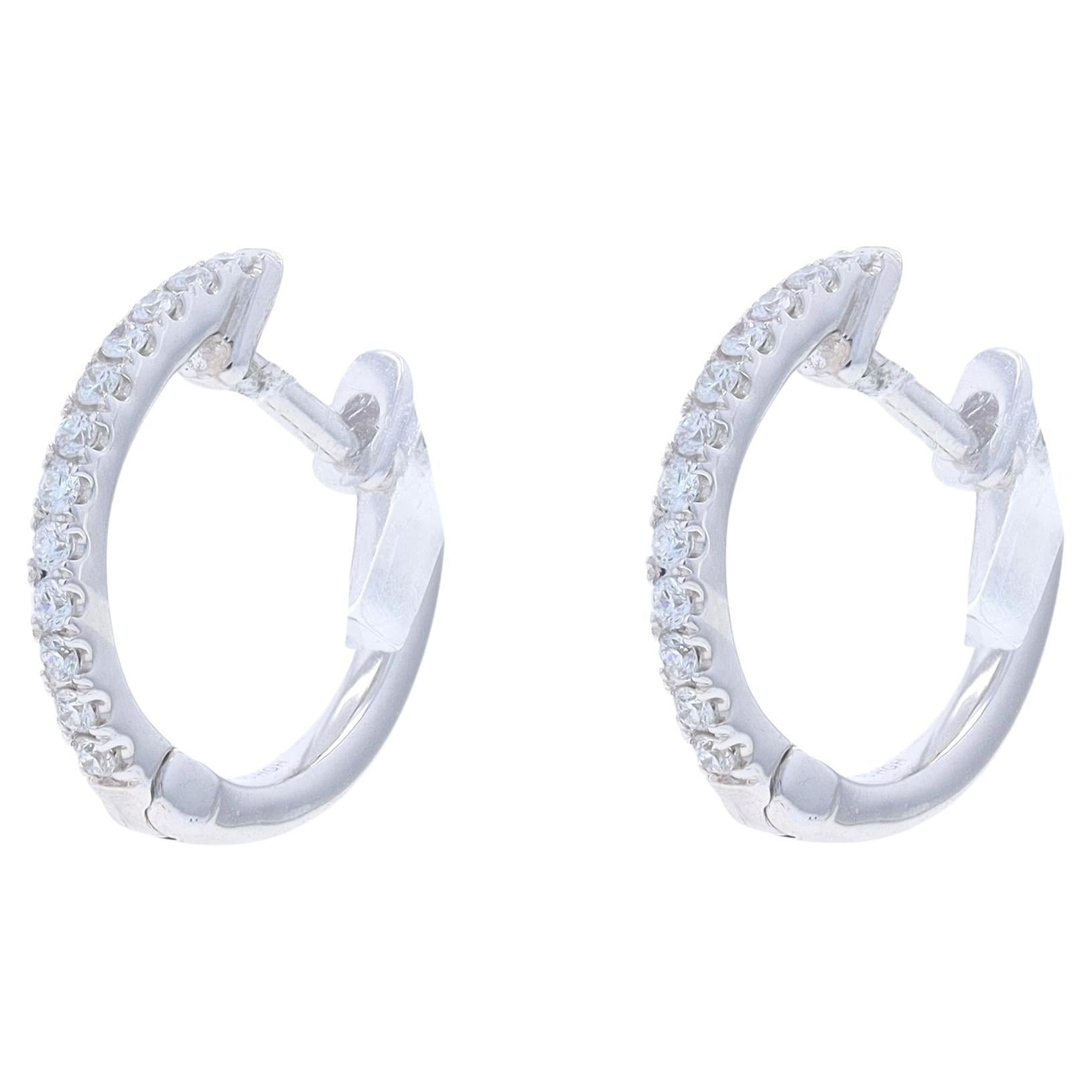 White Gold Diamond Huggie Hoop Earrings - 14k Round .12ctw French Set Pierced