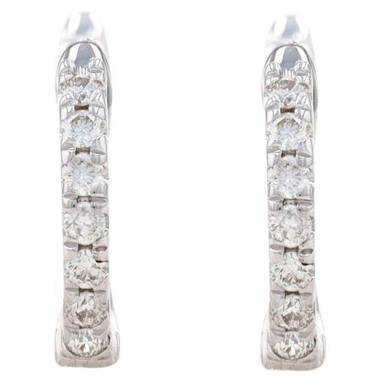 White Gold Diamond Huggie Hoop Earrings - 18k Round .14ctw French Set Pierced