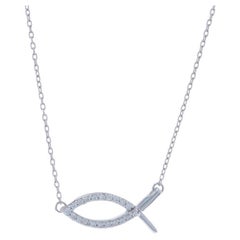 Collana con ciondolo Ichthys in oro bianco da 16" 14k con diamante rotondo e Brilliante Gesù