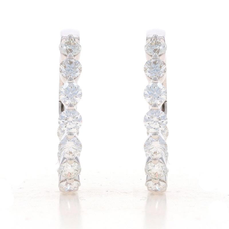Metal Content: 18k White Gold

Stone Information

Natural Diamonds
Carat(s): 1.99ctw
Cut: Round Brilliant
Color: G
Clarity: VS2 - SI1

Total Carats: 1.99ctw

Style: Inside-Out Hoop
Fastening Type: Leverback Closures

Measurements

Tall: 27/32