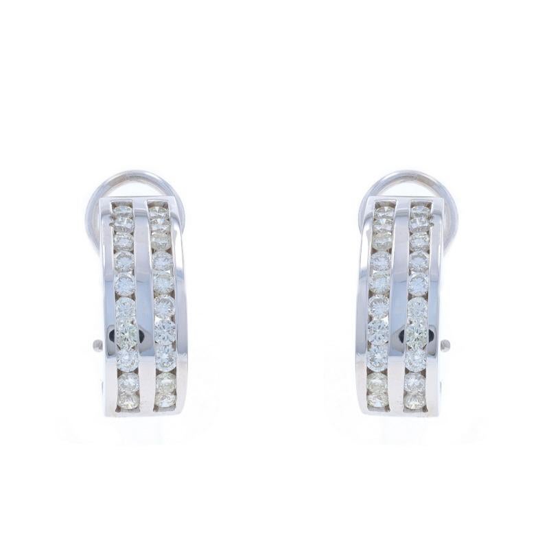 Metal Content: 14k White Gold

Stone Information

Natural Diamonds
Carat(s): 1.60ctw
Cut: Round Brilliant
Color: J - K
Clarity: SI1 - SI2

Total Carats: 1.60ctw

Style: J-Hoop
Fastening Type: Omega Closures
Theme: Stripe
Features: Channel Set