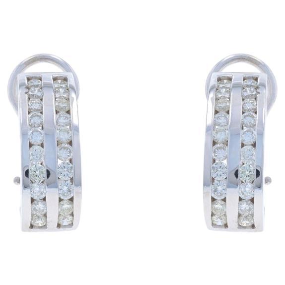 White Gold Diamond J-Hoop Earrings -14k Round 1.60ctw Stripe Channel Set Pierced