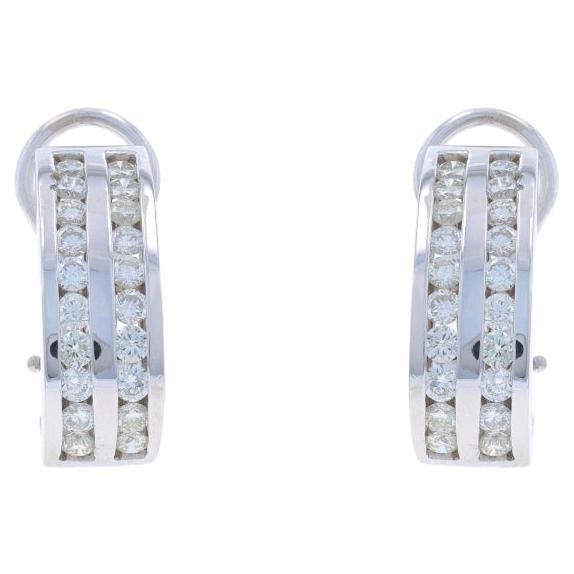 White Gold Diamond J-Hoop Earrings -14k Round 1.60ctw Stripe Channel Set Pierced For Sale