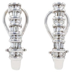 White Gold Diamond J-Hoop Earrings, 14k Round Brilliant 
Baguette Cut 1.00ctw
