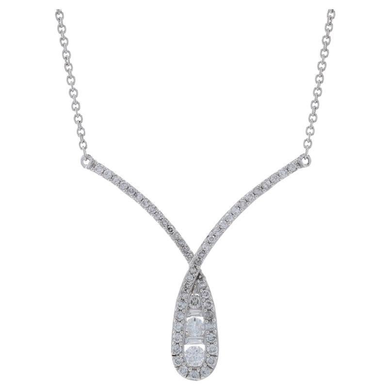 White Gold Diamond Journey Halo Necklace 14k Rnd & Baguette 1.50ctw Twist Adjust For Sale