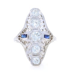White Gold Diamond Lab Created Sapphire Art Deco Ring - 18k European 1.24ctw