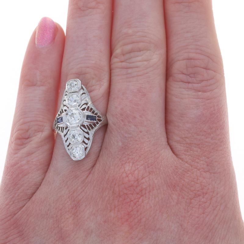 Anillo Art Decó de Zafiro Creado en Laboratorio de Oro Blanco - 18k Europeo 1.24ctw Corte europeo antiguo en venta