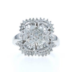 White Gold Diamond Layered Blossoms Cluster Ring 14k Round & Baguette 1.00ctw