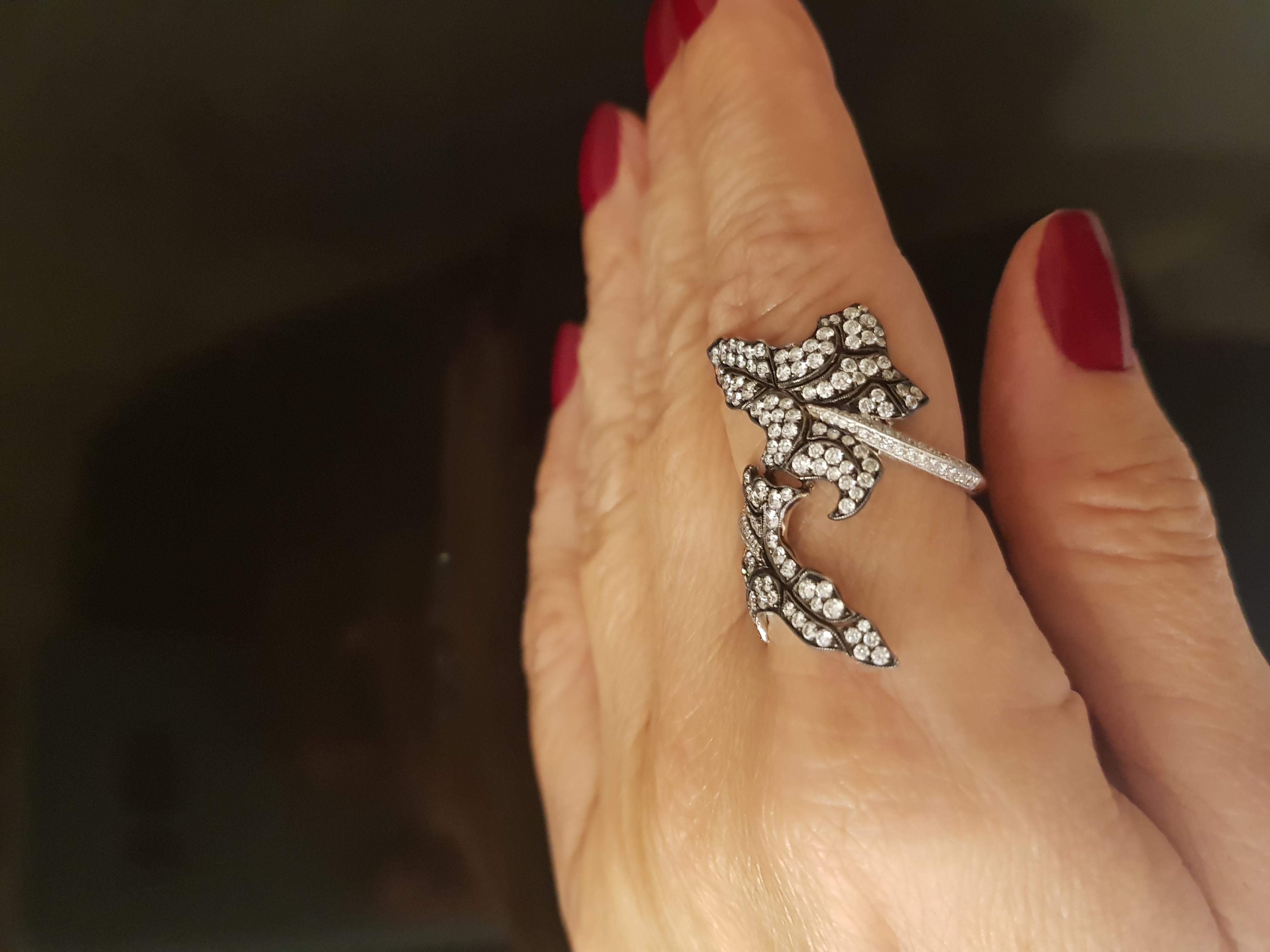 Contemporary White Gold Diamond Leaf Cocktail Ring For Sale