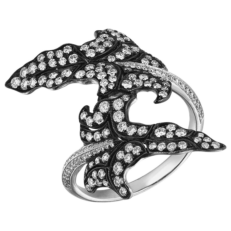 White Gold Diamond Leaf Cocktail Ring For Sale