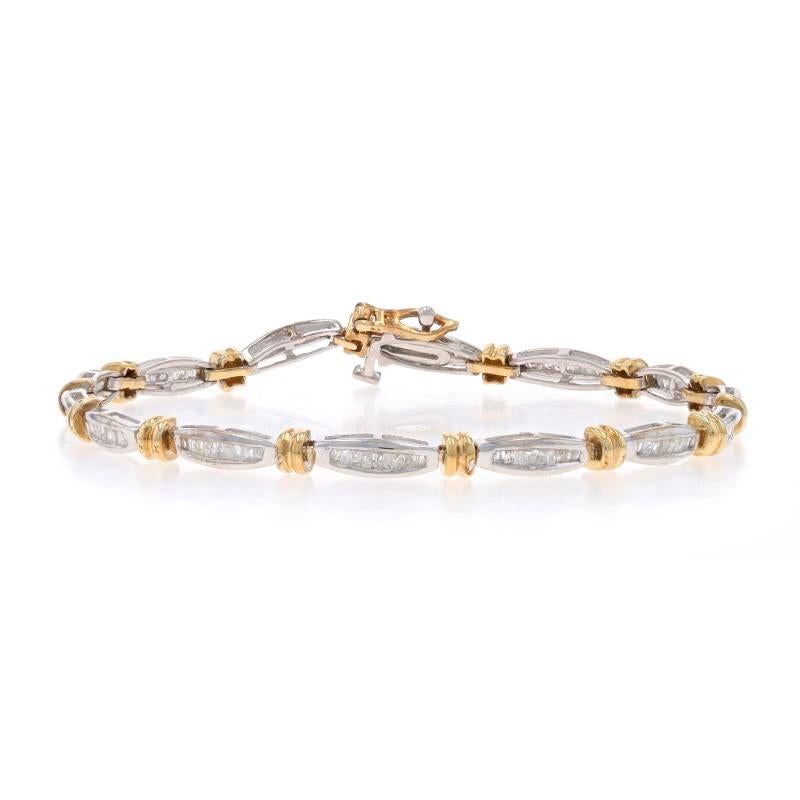 Metal Content: 10k White Gold & 10k Yellow Gold

Stone Information

Natural Diamonds
Carat(s): 1.00ctw
Cut: Baguette
Color: H - I
Clarity: I1 - I2

Total Carats: 1.00ctw

Bracelet Style: Link
Fastening Type: Tongue Box Clasp with One Side Safety
