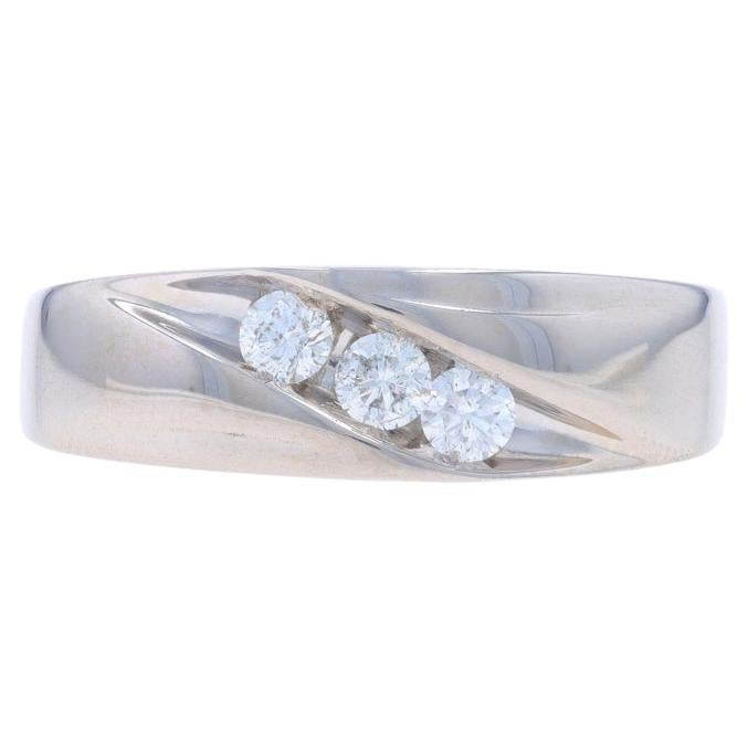 White Gold Diamond Men's Wedding Band - 10k Round .40ctw Three-Stone Ring For Sale