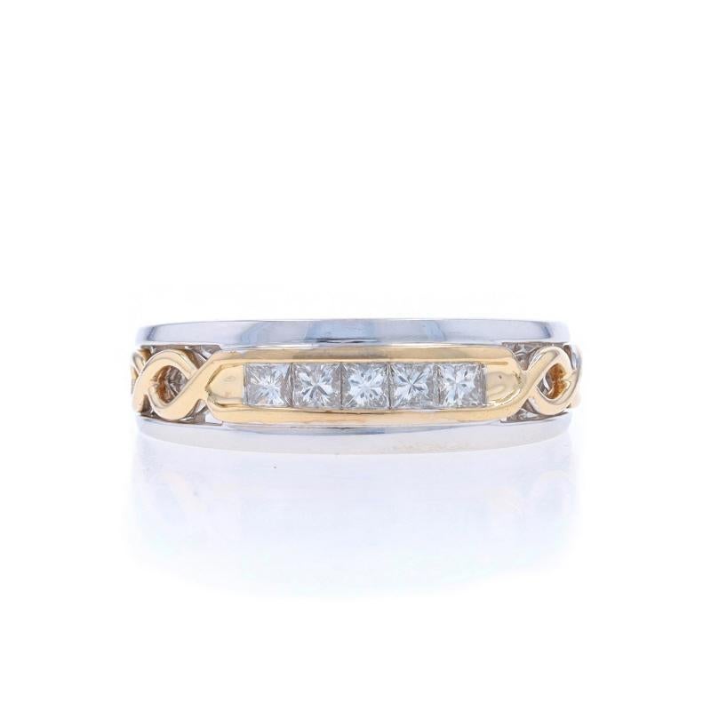 Size: 10 1/4
Sizing Fee: Down 1/2 a size for $50

Metal Content: 14k White Gold & 14k Yellow Gold

Stone Information

Natural Diamonds
Carat(s): .50ctw
Cut: Princess
Color: G - H
Clarity: SI1 - SI2

Total Carats: .50ctw

Style: Five-Stone Wedding