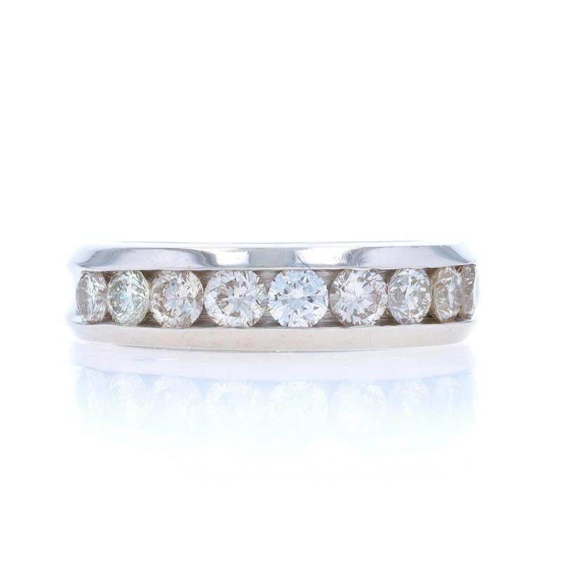 Size: 6 3/4

Metal Content: 14k White Gold

Stone Information

Natural Diamonds
Carat(s): 1.08ctw
Cut: Round Brilliant
Color: K - L
Clarity: SI1 - SI2

Total Carats: 1.08ctw

Style: Wedding Band with Diamonds
Features: Channel Set