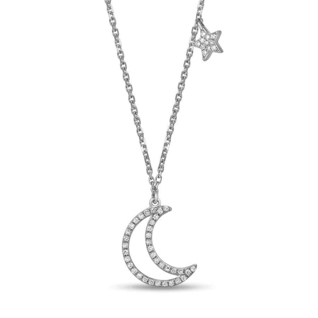 Round Cut White Gold Diamond Moon and Star Drop Pendant For Sale