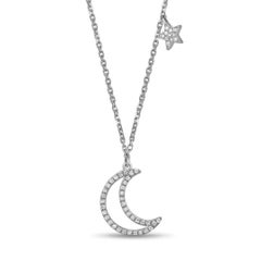 White Gold Diamond Moon and Star Drop Pendant