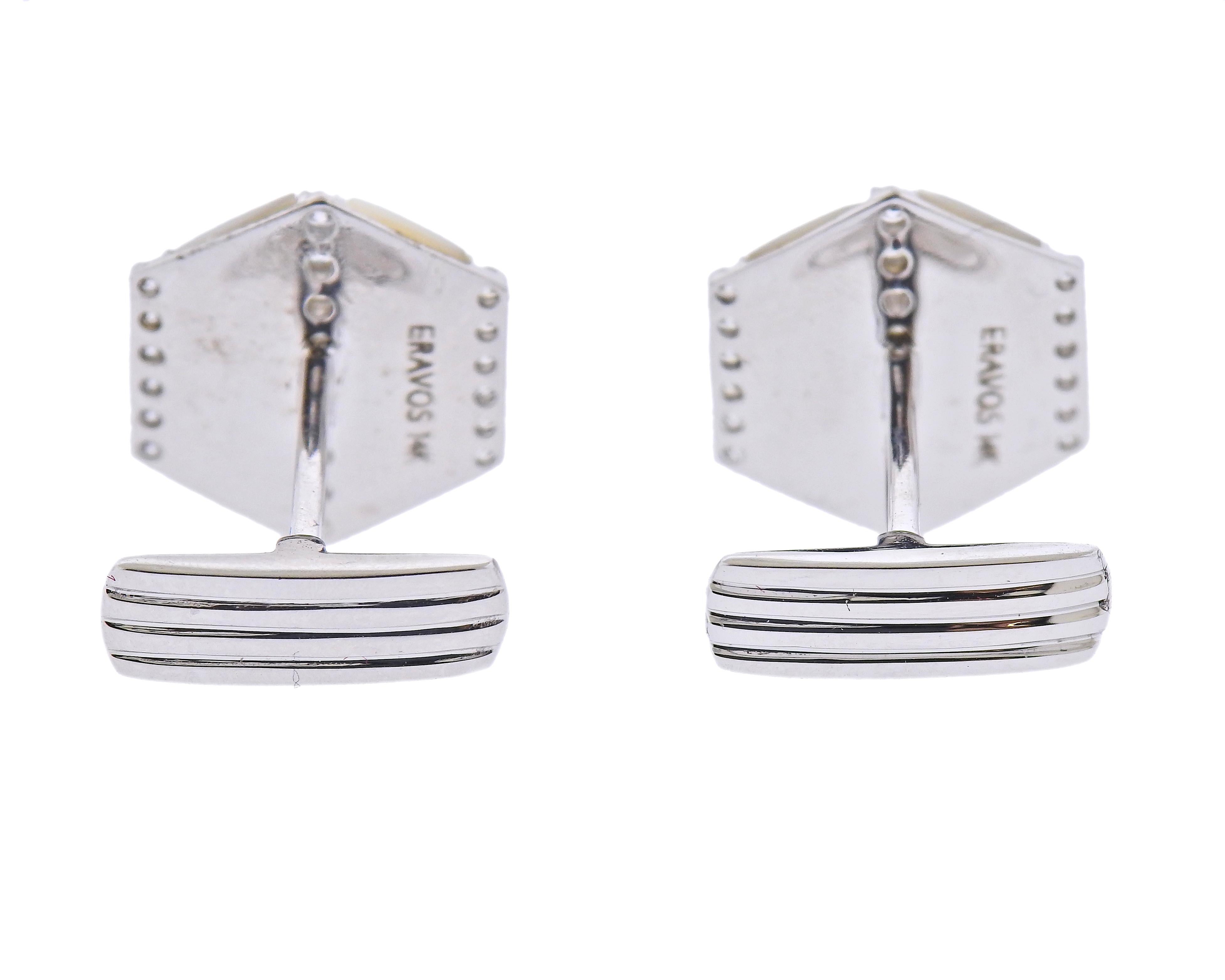 White Gold Diamond Mother of Pearl Cufflinks In Excellent Condition In Lambertville, NJ