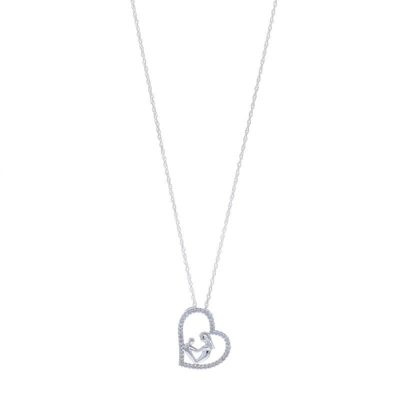 White Gold Diamond Mother & Child Heart Necklace 18" - 10k Rd .12ctw Family Love