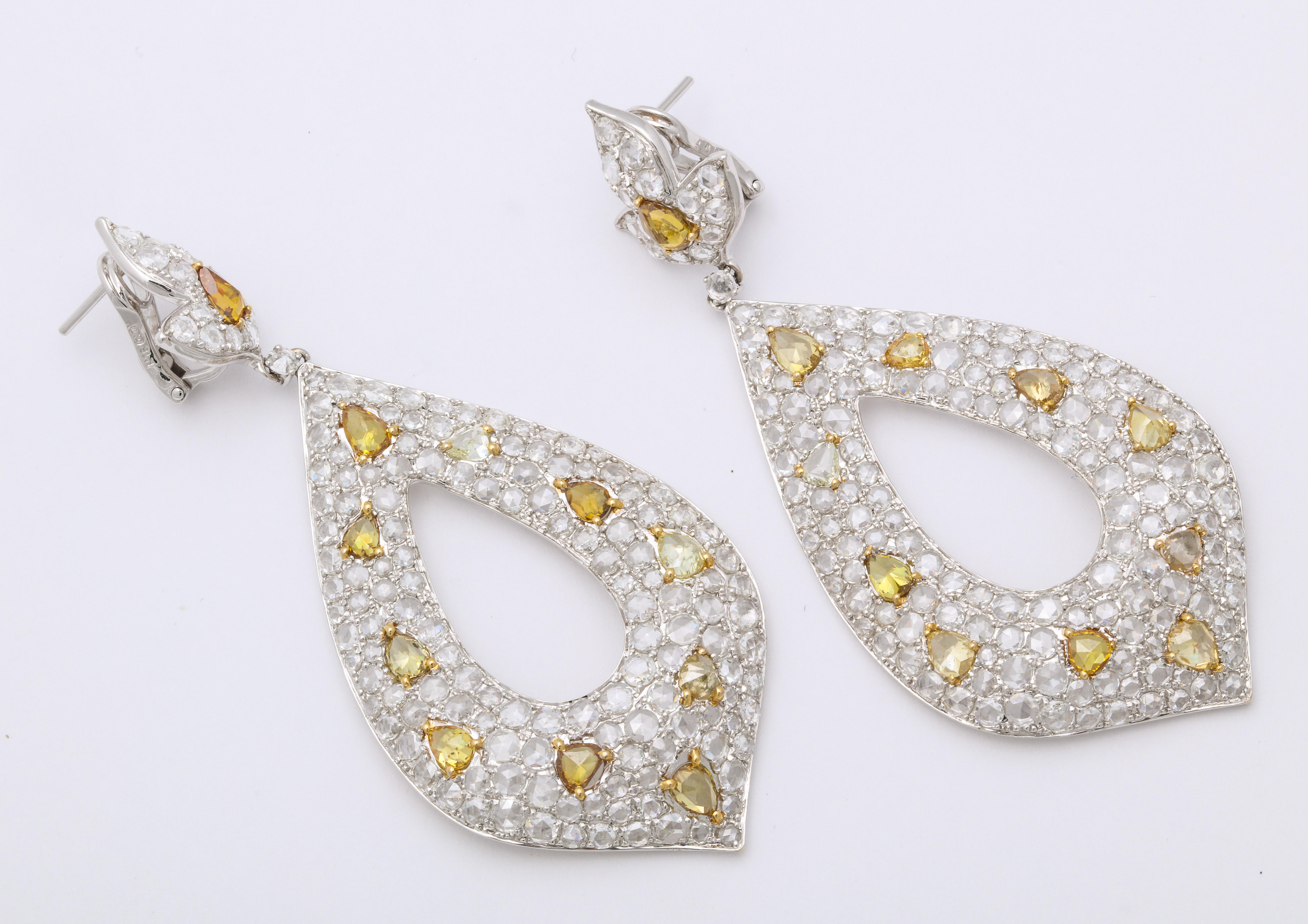 Pear Cut White Gold, Diamond, Natural Fancy Yellow Rose-Cut Diamond Ear Pendant Earrings For Sale