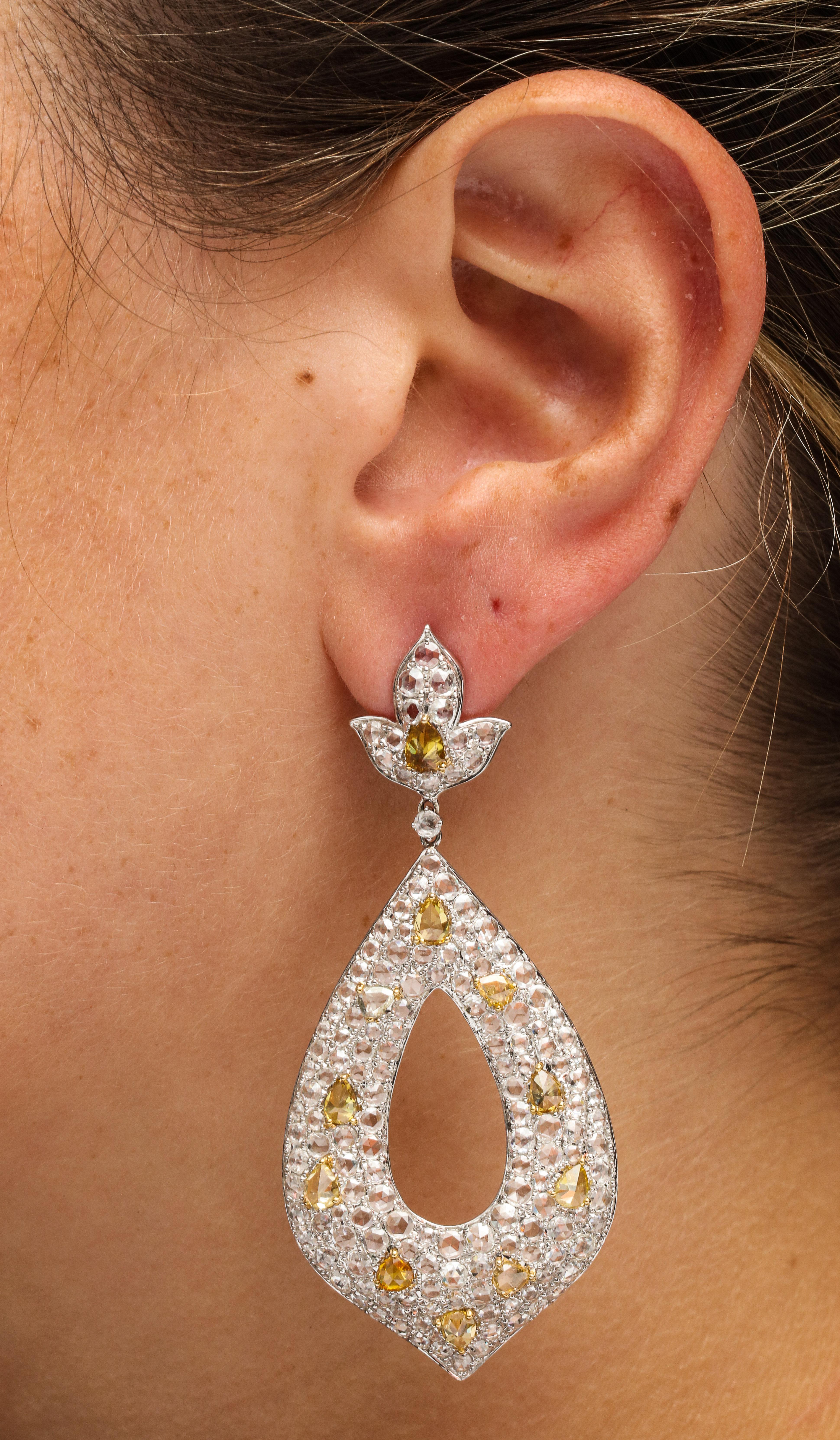 White Gold, Diamond, Natural Fancy Yellow Rose-Cut Diamond Ear Pendant Earrings For Sale 1