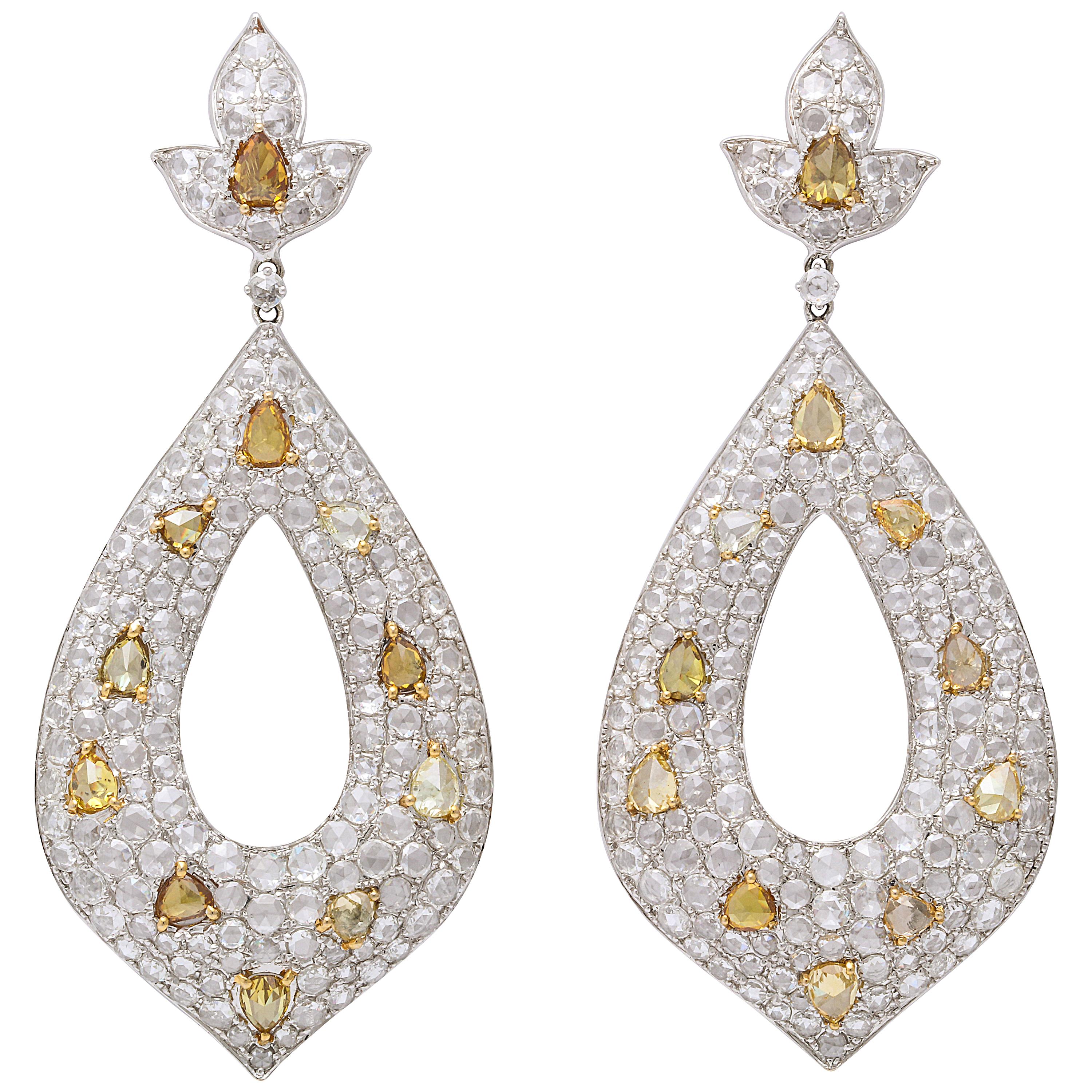 White Gold, Diamond, Natural Fancy Yellow Rose-Cut Diamond Ear Pendant Earrings For Sale