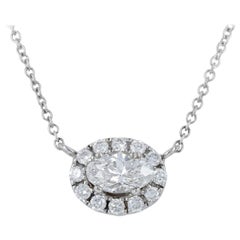 White Gold Diamond Necklace, 14 Karat Oval Cut .75 Carat Halo Adjustable Length