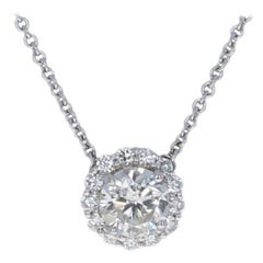 White Gold Diamond Necklace, 14k Round Brilliant Cut 1.27 Carat Halo Adjustable