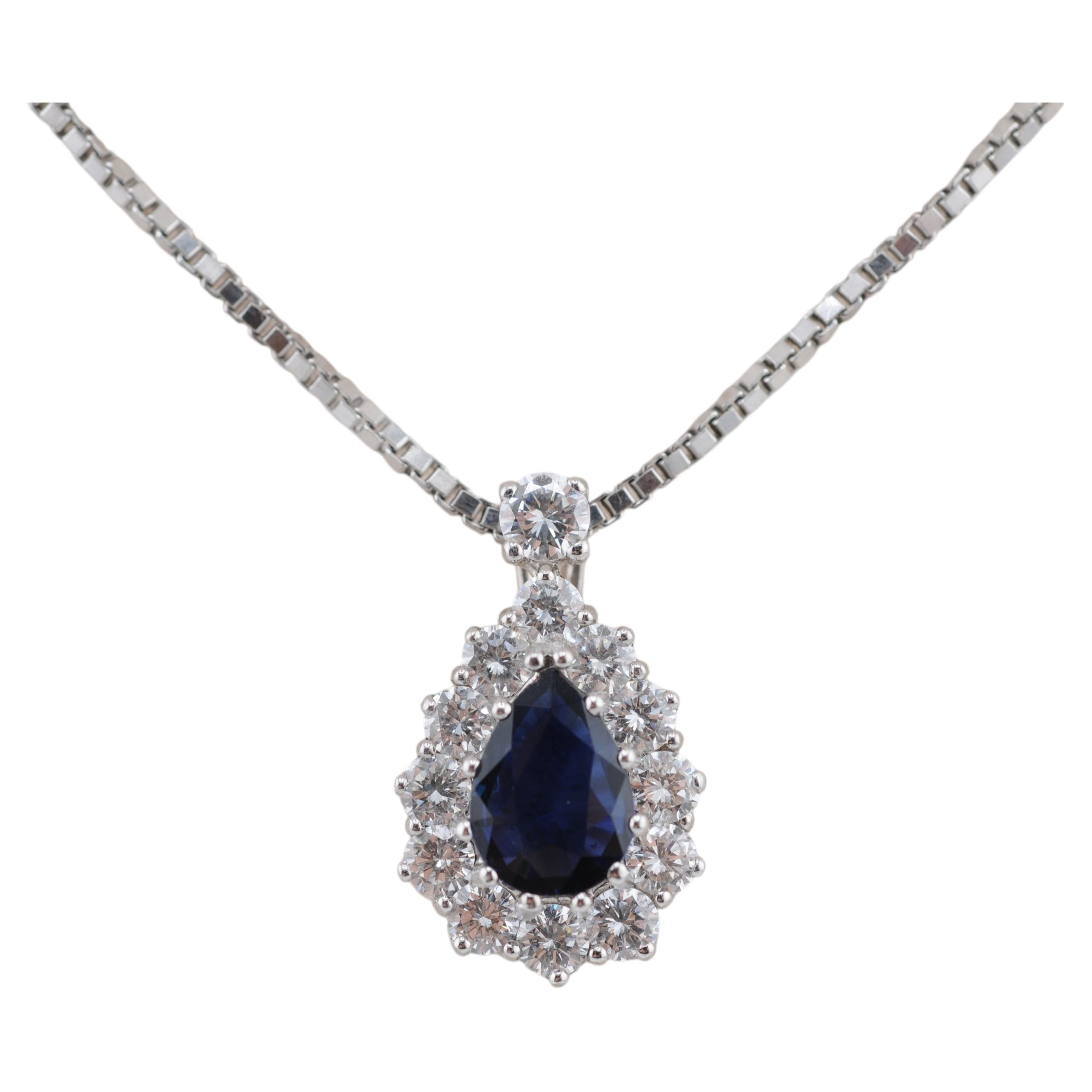 White Gold Diamond Necklace with Unheated Sapphire