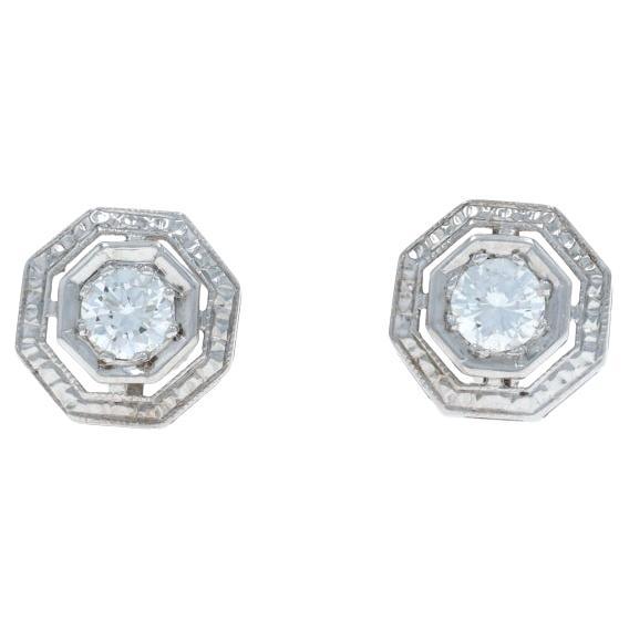 White Gold Diamond Octagon Stud Earrings - 14k Round .60ctw Milgrain Pierced For Sale