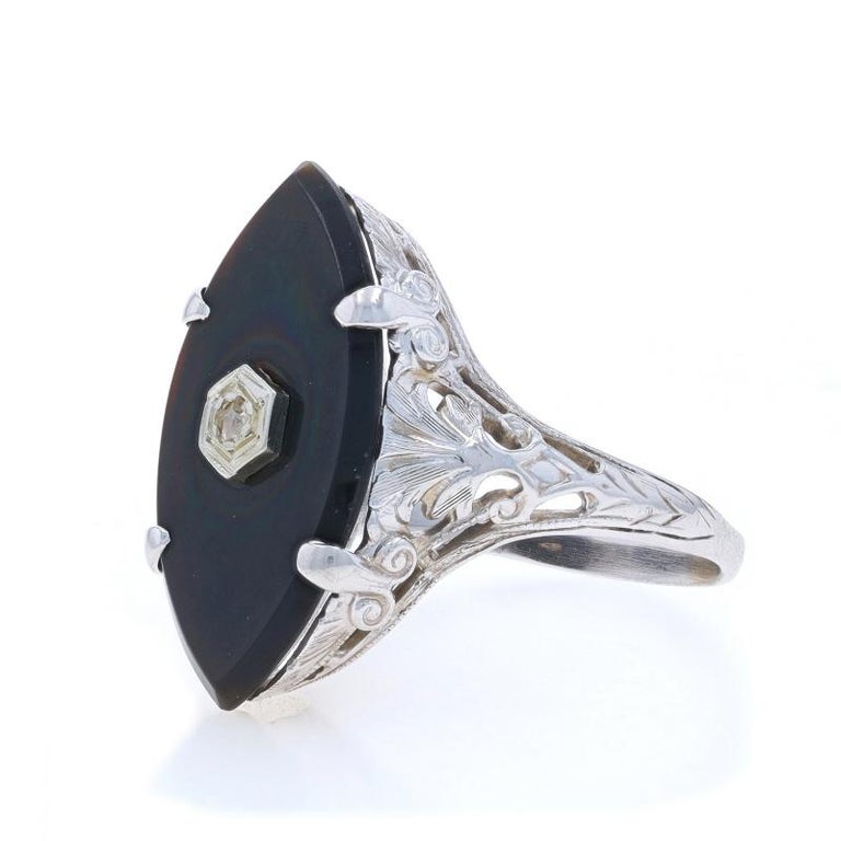Bague Or Blanc 14 Carats - Onyx Noir Conique Et Diamant Rond - Taille 7,25