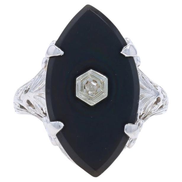 Weißgold Diamant Onyx Art Deco Ring 14k Single Scrollwork im Angebot