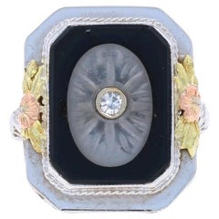 White Gold Diamond, Onyx, & Camphor Glass Art Deco Ring - 14k Vintage Filigree