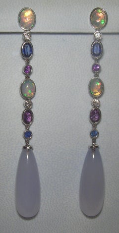 White Gold Diamond, Opal, Amethist, Chalcedoni Sapphir Drop Earrings