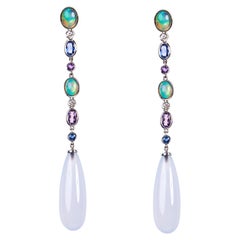 White Gold Diamond, Opal, Amethist, Chalcedoni Sapphir Drop Earrings