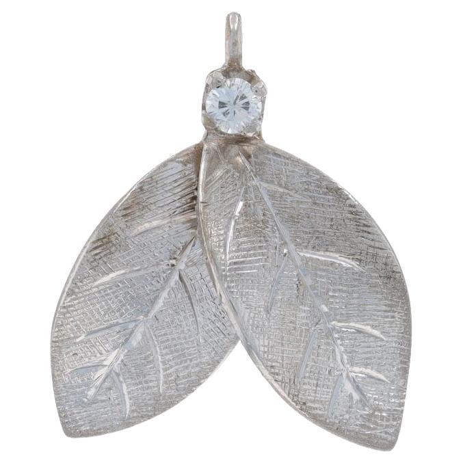 White Gold Diamond Pair of Leaves Solitaire Pendant 14k Round Foliage Charm For Sale