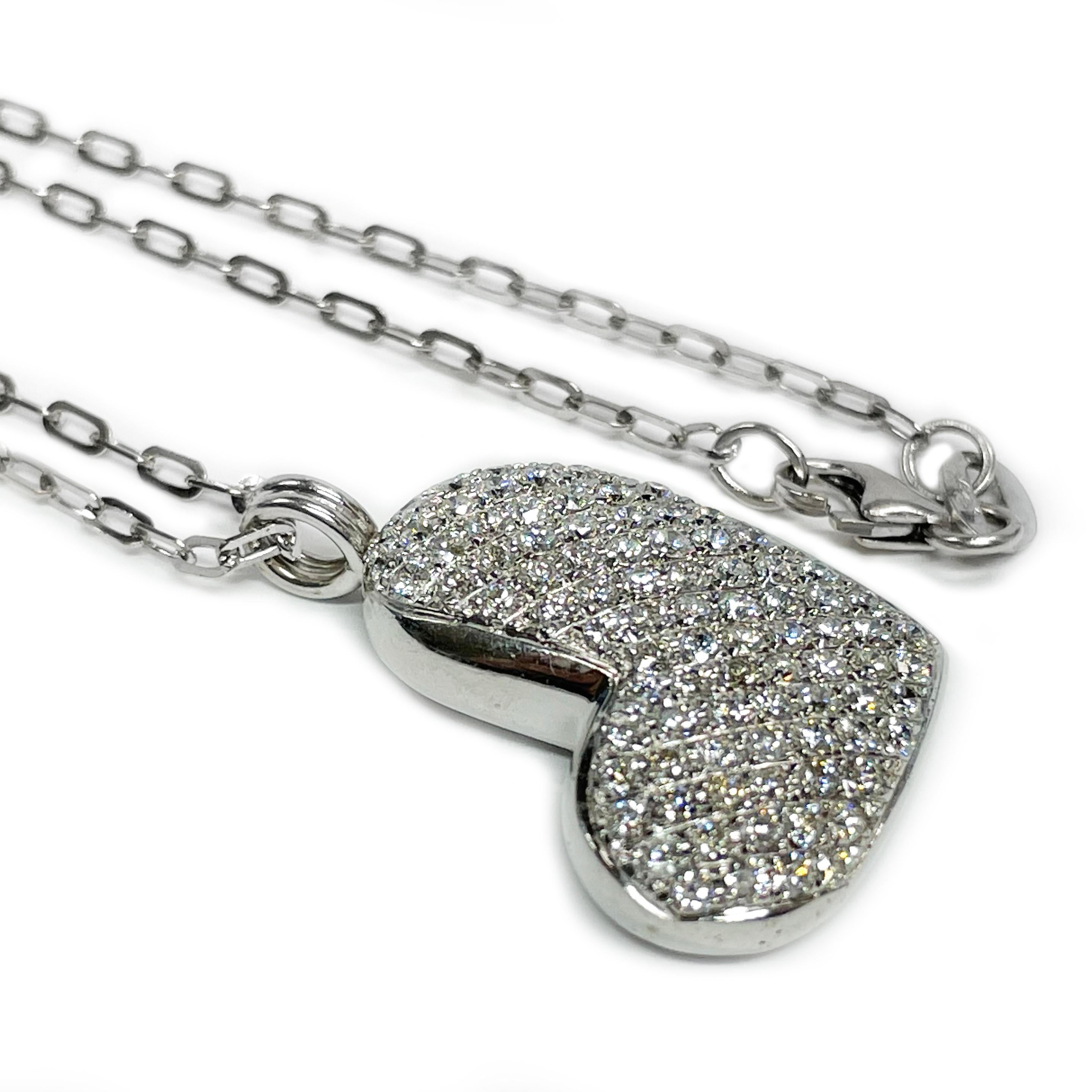 Contemporary White Gold Diamond Pave Heart Pendant Necklace For Sale