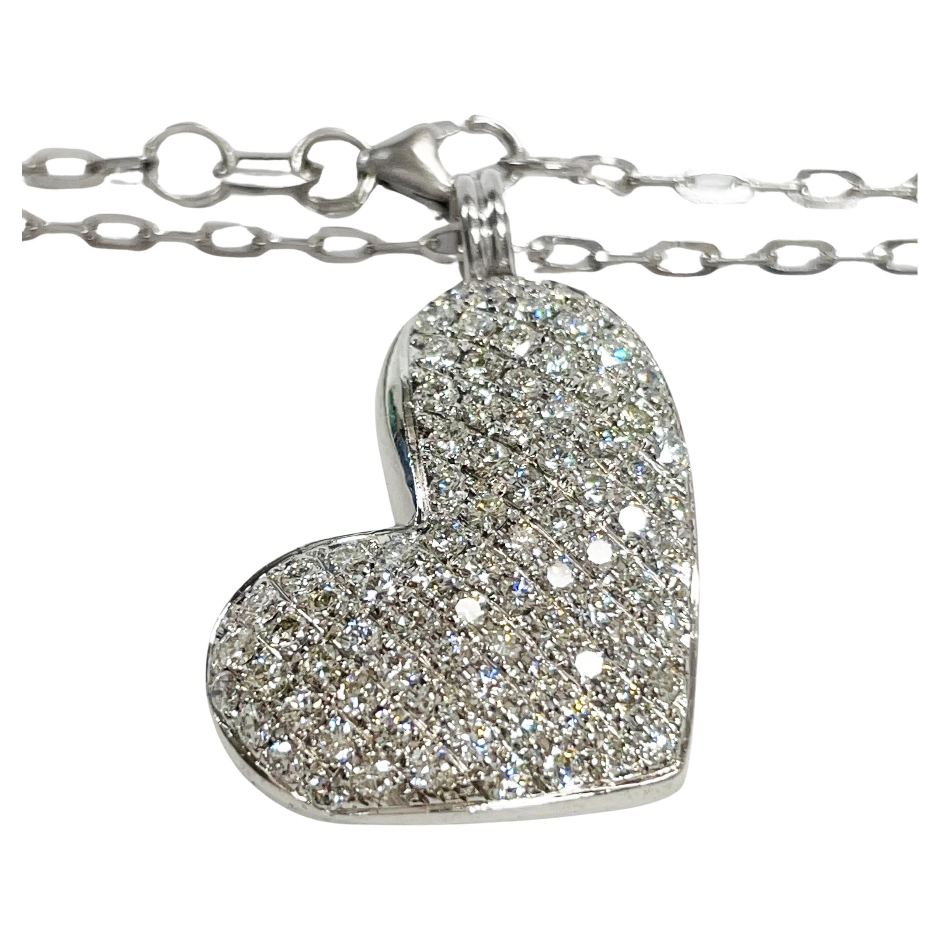 White Gold Diamond Pave Heart Pendant Necklace For Sale