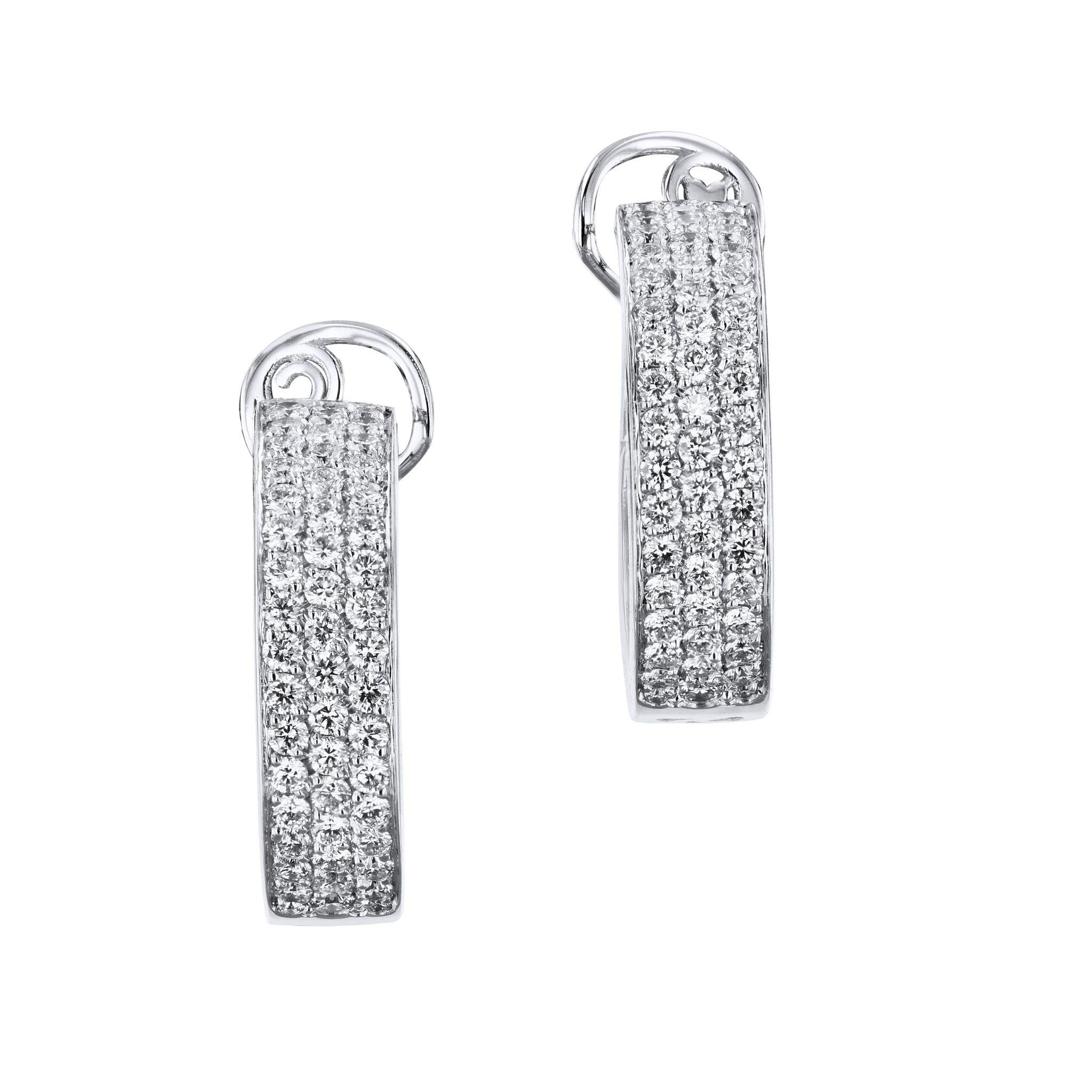 Gorgeous 18 Kt White Gold Hoop Drop Earrings ignite with fiery diamond pave. Feel luxurious in these luxurious Inside-Out hoops and turn heads everywhere you go!.
White Gold Diamond Pave Inside-Out Hoop Earrings.
18kt.  White Gold. 
Hoop Drop