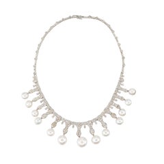 White Gold Diamond & Pearl Fringe Necklace