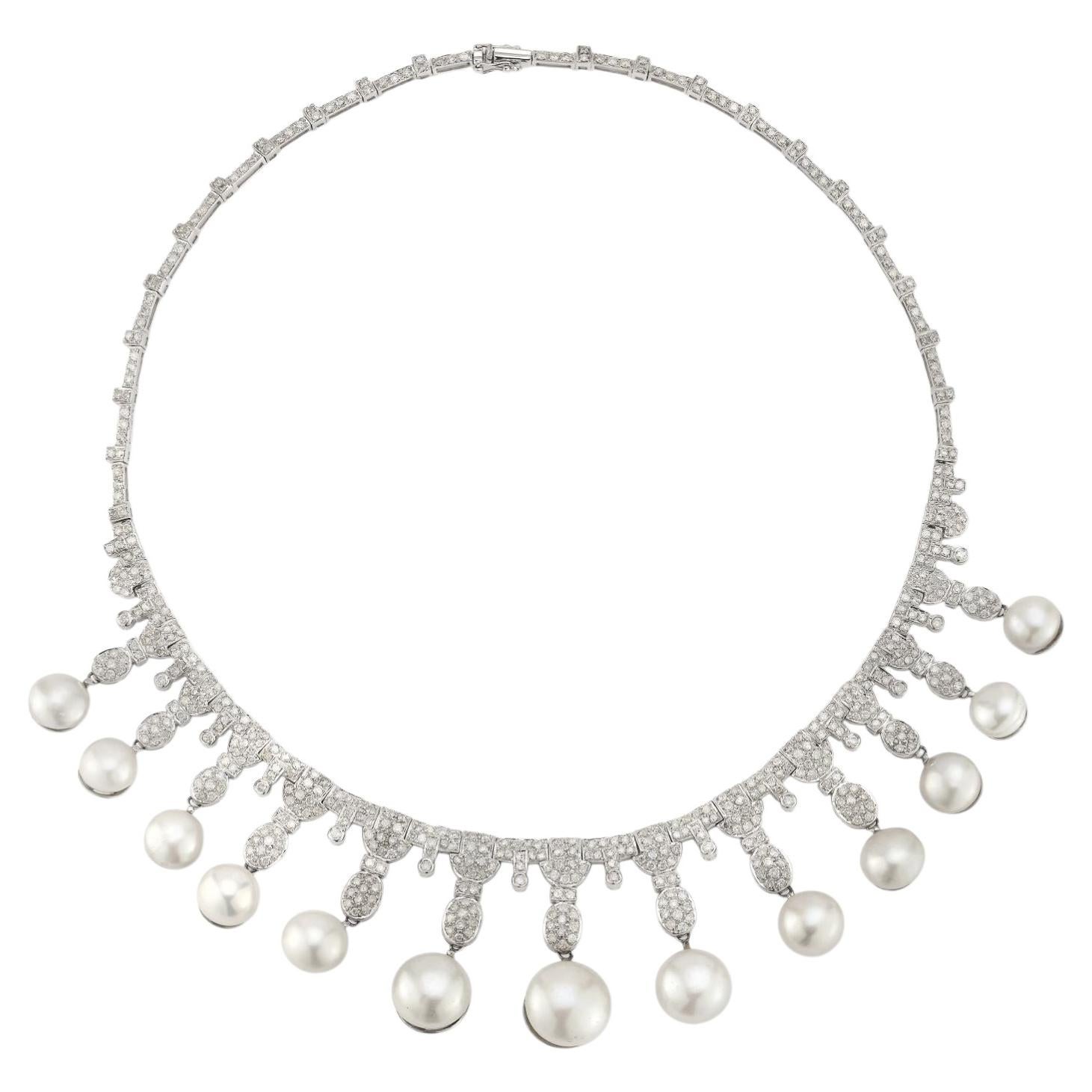 Collier à franges en or blanc, diamants et perles