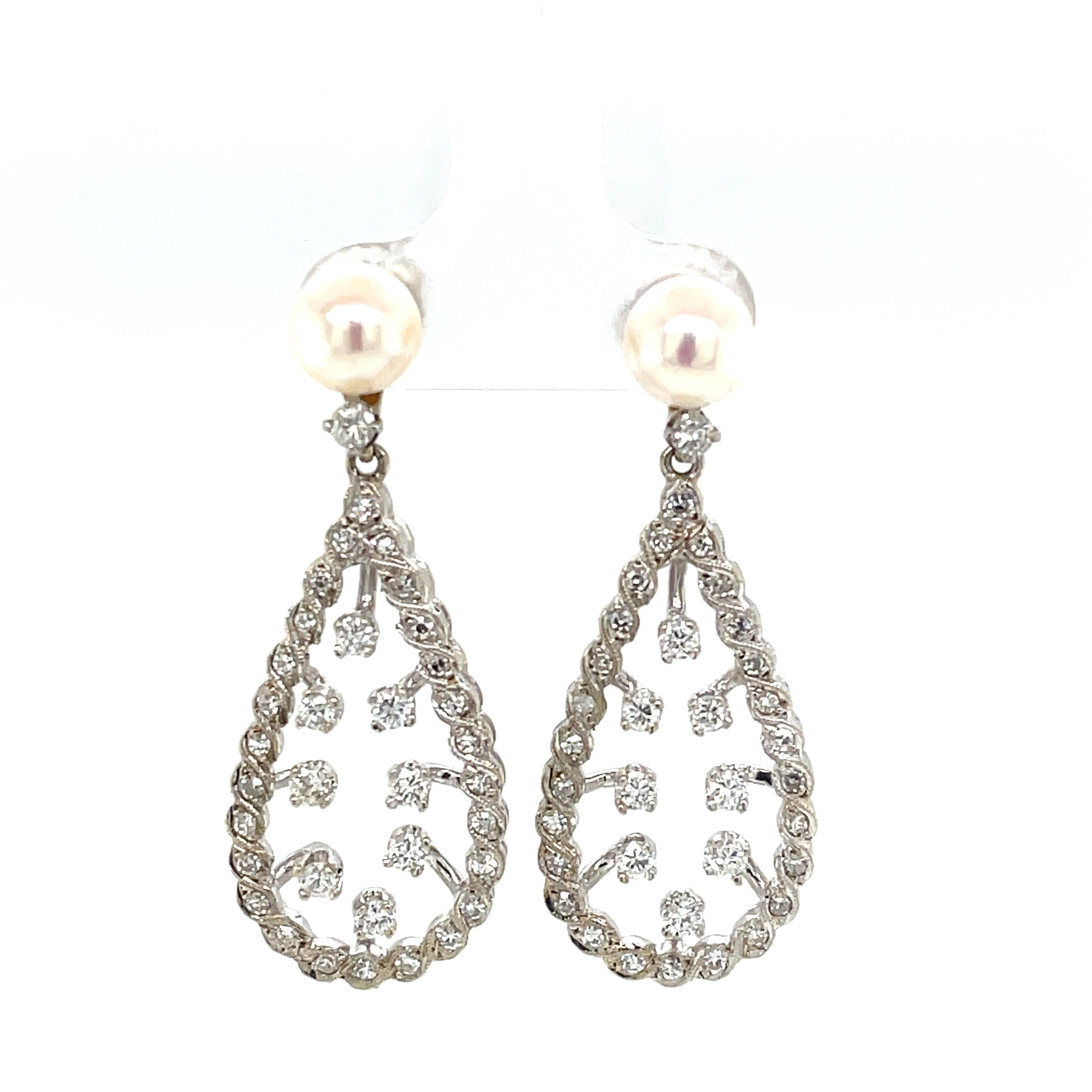 White Gold Diamond Pearl Tear Drop Earrings For Sale 1