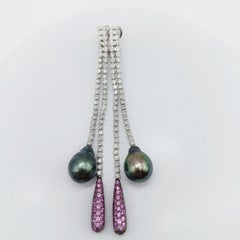 White Gold Diamond, Pink Sapphire and Tahitian Pearl Drop Earrings 2006