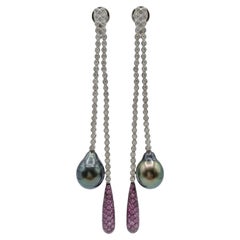 White Gold Diamond, Pink Sapphire and Tahitian Pearl Drop Earrings 2006