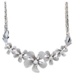 White Gold Diamond Plumeria Necklace, 14 Karat Round Brilliant .24 Carat Flowers