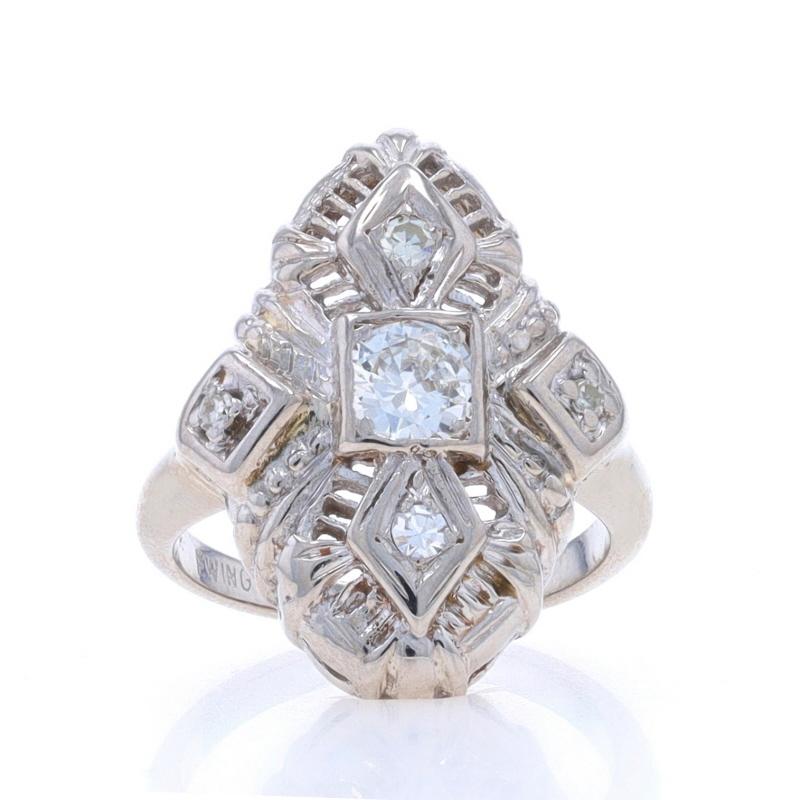 Size: 3
Sizing Fee: Up 3 sizes for $40 or Down 1 size for $30

Era: Retro 
Date: 1930s - 1940s

Metal Content: 14k White Gold

Stone Information

Natural Diamonds
Carat(s): .50ctw
Cut: Round Brilliant
Color: G - H
Clarity: VS1 - VS2

Total Carats:
