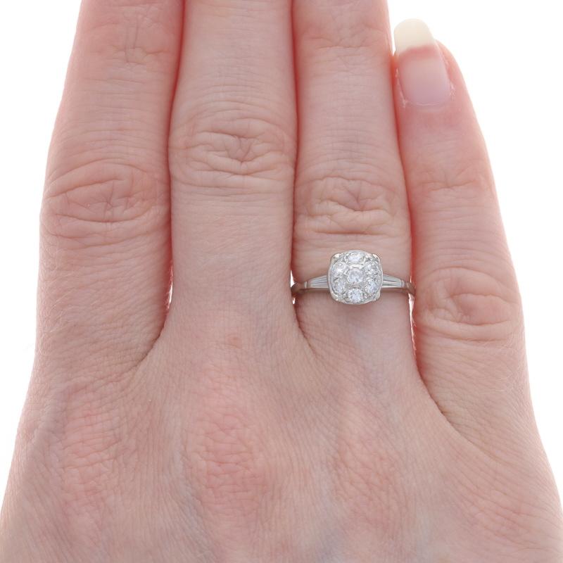 Round Cut White Gold Diamond Retro Cluster Engagement Ring - 14k Round .38ctw Vintage For Sale