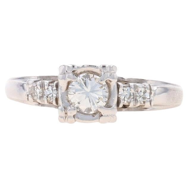White Gold Diamond Retro Engagement Ring - 14k Round Brilliant .45ctw For Sale