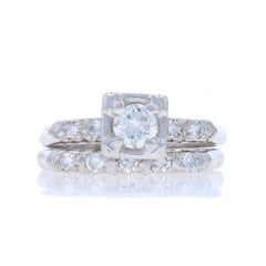 White Gold Diamond Retro Engagement Ring & Wedding Band - 14k Rd .48ctw Vintage