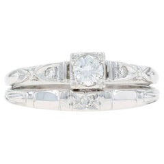White Gold Diamond Retro Engagement Ring & Wedding Band - 18k Rd .23ctw Vintage