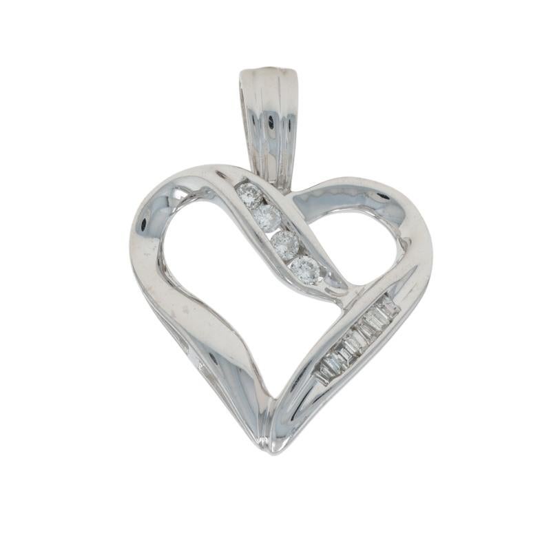 Metal Content: 10k White Gold

Stone Information

Natural Diamonds
Carat(s): .10ctw
Cut: Round Brilliant 
Baguette
Color: H - I
Clarity: I1 - I2

Total Carats: .10ctw

Theme: Ribbon Heart, Love

Measurements

Tall (from stationary bail): 7/8